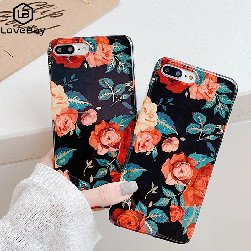 Lovebay Vintage Rose Phone Case For iPhone X XR XS Max 6 6S 7 8 Plus Electroplated Leaves Flower Soft IMD Back Cover Fundas Gift |