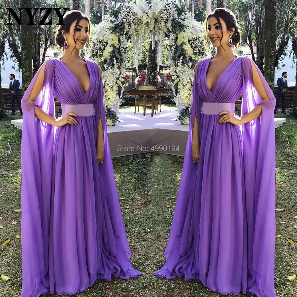 

NYZY E308 Elegant Chiffon Cloak Cape Long Sleeves Purple Evening Dresses Wedding Party Dress Guest Wear Formal Gown