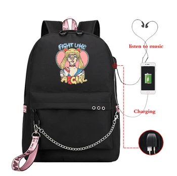 

Fight Like A Girl Custom USB Backpack Sailor Soon Travel Bag School Bag for Teenager Boy Girl Anime Cartoon Laptop Backpacks