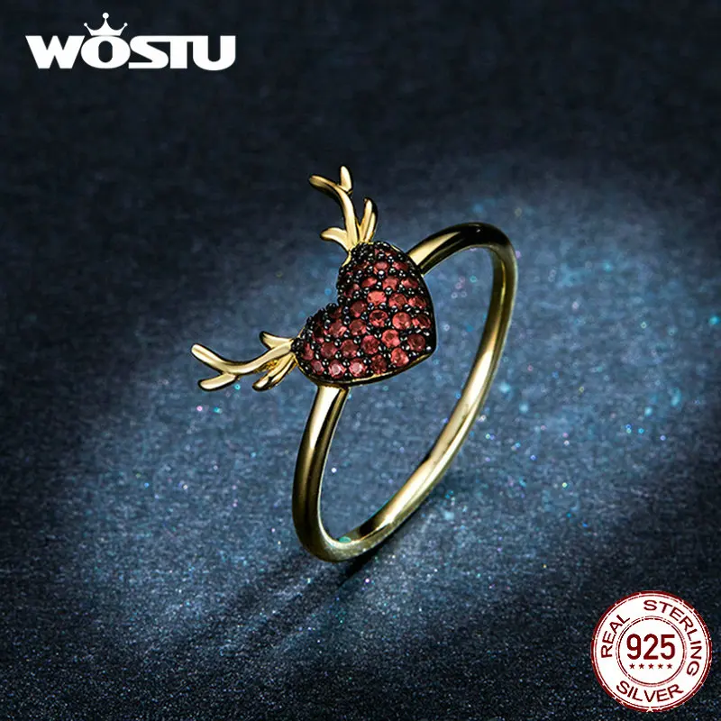 WOSTU, 925 пробы, серебряные кольца в форме рога и сердца для женщин, обручальное кольцо с цирконием, Золотое кольцо, ювелирные изделия для влюбленных, подарок DAR091