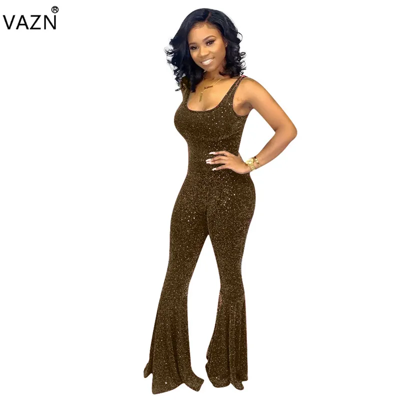 VAZN ME321 New Young Lady Of Note Heavy Industry Diamonds Sexy Sleeveless Solid Jumpsuits Sexy Club Full Flare Rompers