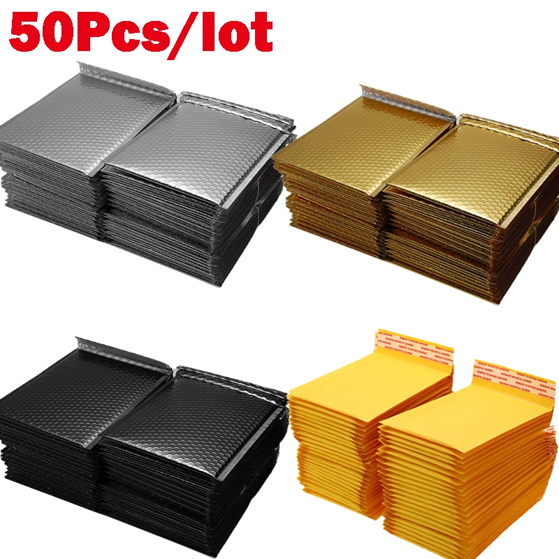 Sobres de espuma autosellados, sobres acolchados con bolsa de correo de burbujas, color negro, dorado y plateado, 50 unids/lote