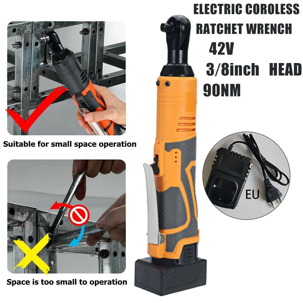 

1 Set Of US/UK/EU/AU Wrench 42V Electric Cordless Ratchet Right Angle Wrench 3/8in Tool + Li-Ion Battery