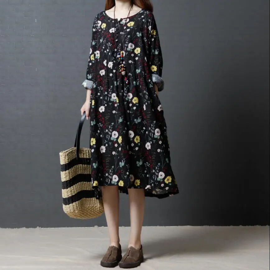 

Autumn Clothing New Style 2019 Korean-style Loose And Plus-sized WOMEN'S Dress-Style Crew Neck Floral-Print Dress