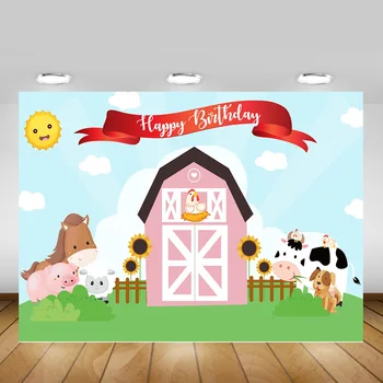 

Farm Themed Happy Birthday Backdrop for Photography Animals Sunflower Warehouse Courtyard Birthday Cake Table Background Decor