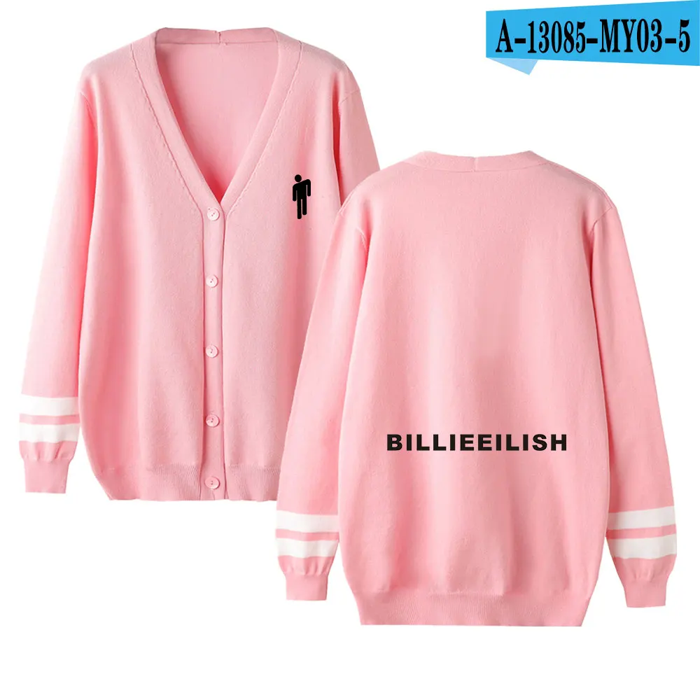 Kpop Billie Eilish женский свитер с v-образным вырезом, Одноцветный Свободный вязаный однобортный Кардиган, Повседневная вязаная одежда размера плюс, верхняя одежда - Цвет: pink