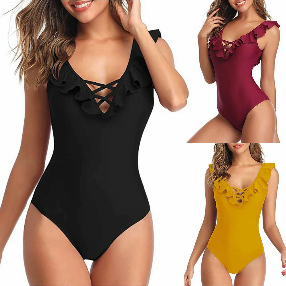 

VERTVIE Sexy Bodysuit Bathers Solid Color One-piece Suits Swimsuit Female Swimwear Bathing Suit Female Push Up Padded Biquini