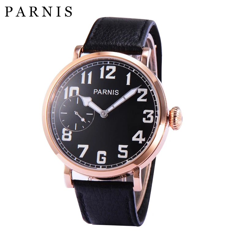 

46mm Parnis Mechanical Watches Hand Wristwatch Rose Gold Stainless Steel Case Genuine Leather Watch Mechanical Mens orologio