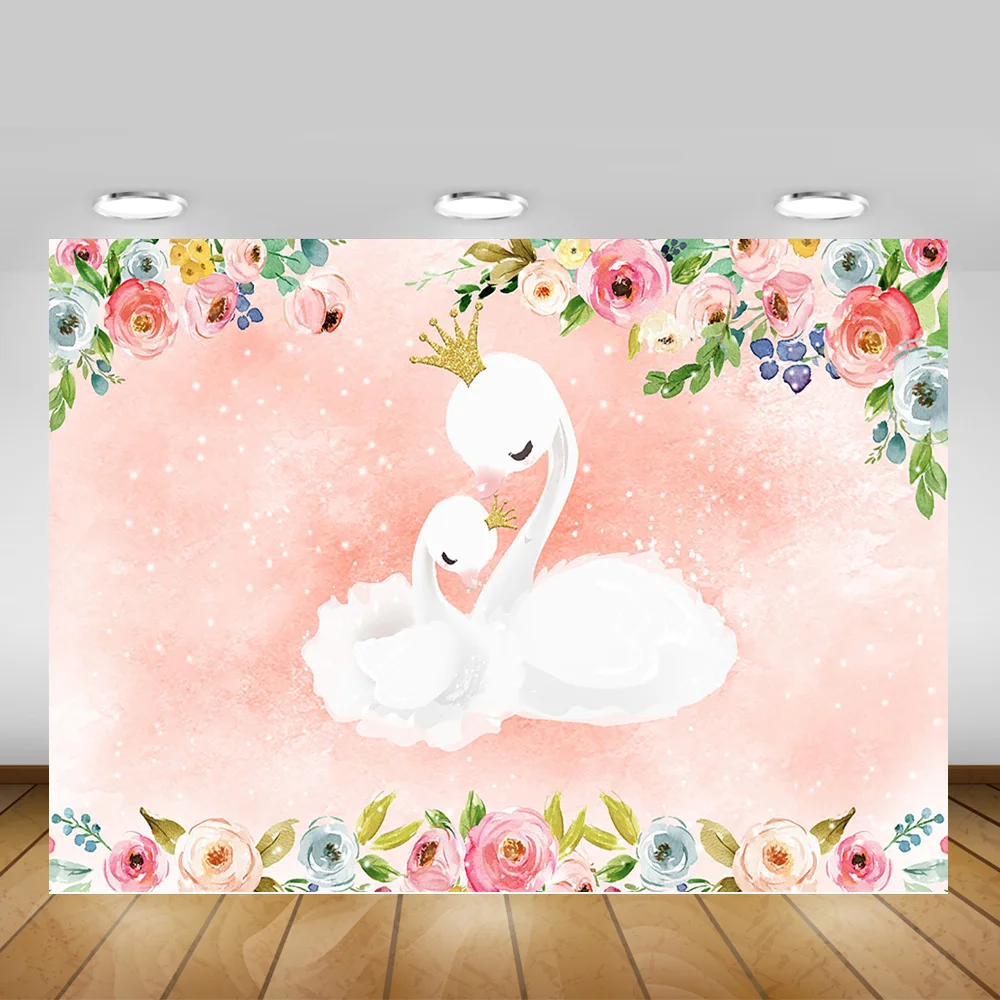 Fotografia White Swan Baby Shower Fondale Neonata Swan Princess Birthday Party Decor Sfondo Acquerello Photo Booth