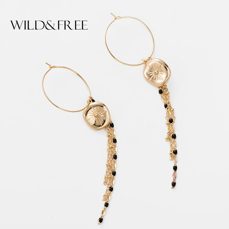 

Wild&Free Women Vintage Tassel Hoop Earrings Gold Circle Beaded Link Tassel Alloy Sun Pattern Round Pendant Earrings Jewelry