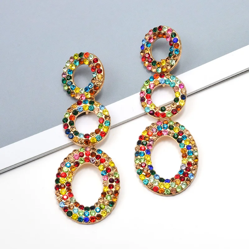 Модный круглый металлический Разноцветные кристаллы длинные висячие серьги ювелирные изделия Аксессуары для женщин Рождественский подарок