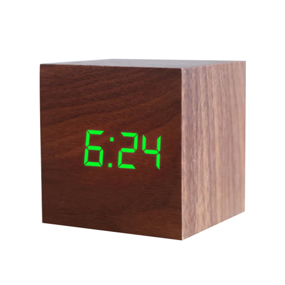 Деревянный квадратный цифровой светодиодный USB Настольный будильник, настольный Голосовое управление, декоративный светодиодный Настольный будильник, термометр, таймер, календарь