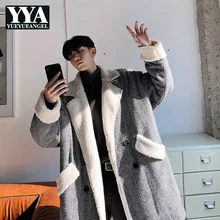 Корейские двубортные мужские пальто с подкладкой из овечьей шерсти с длинным рукавом, зимние теплые свободные мужские повседневные тренчи средней длины