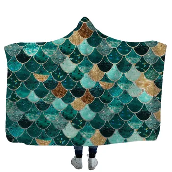 

Mermaid Hooded Blanket Colorful Fish Scale 3D Printed Sherpa Fleece Blanket Warm Throw Blanket For Adults Kids For Home Travel