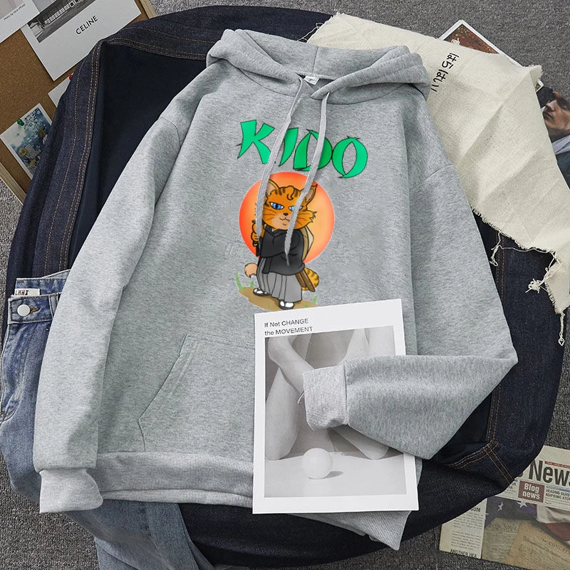 

cute kido Samurai cat Plus Velet Sweatshirts unisex Harajuku 10 Colors Oversize Hoodie Japanese Korean Style Hooded Pullover