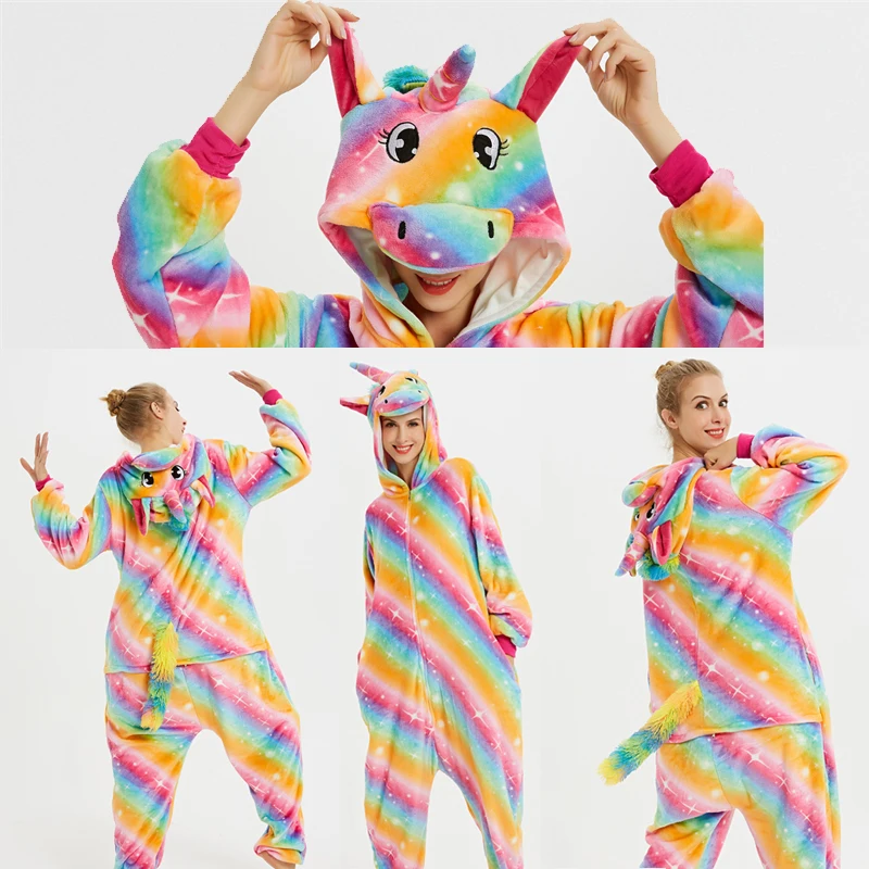 Пижама Кигуруми для взрослых, детей, девочек, мальчиков, животных, Стич, Розовый Единорог, для женщин и мужчин, пара зимних фланелевых пижам, набор, одежда для сна кегуруми - Цвет: Color stripe unicorn