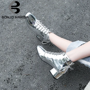 

BONJOMARISA Big Size 33-43 Female Silver Patent Leather Boots Square Toe Chunky Boots Women Metal Decoration Shoes Woman