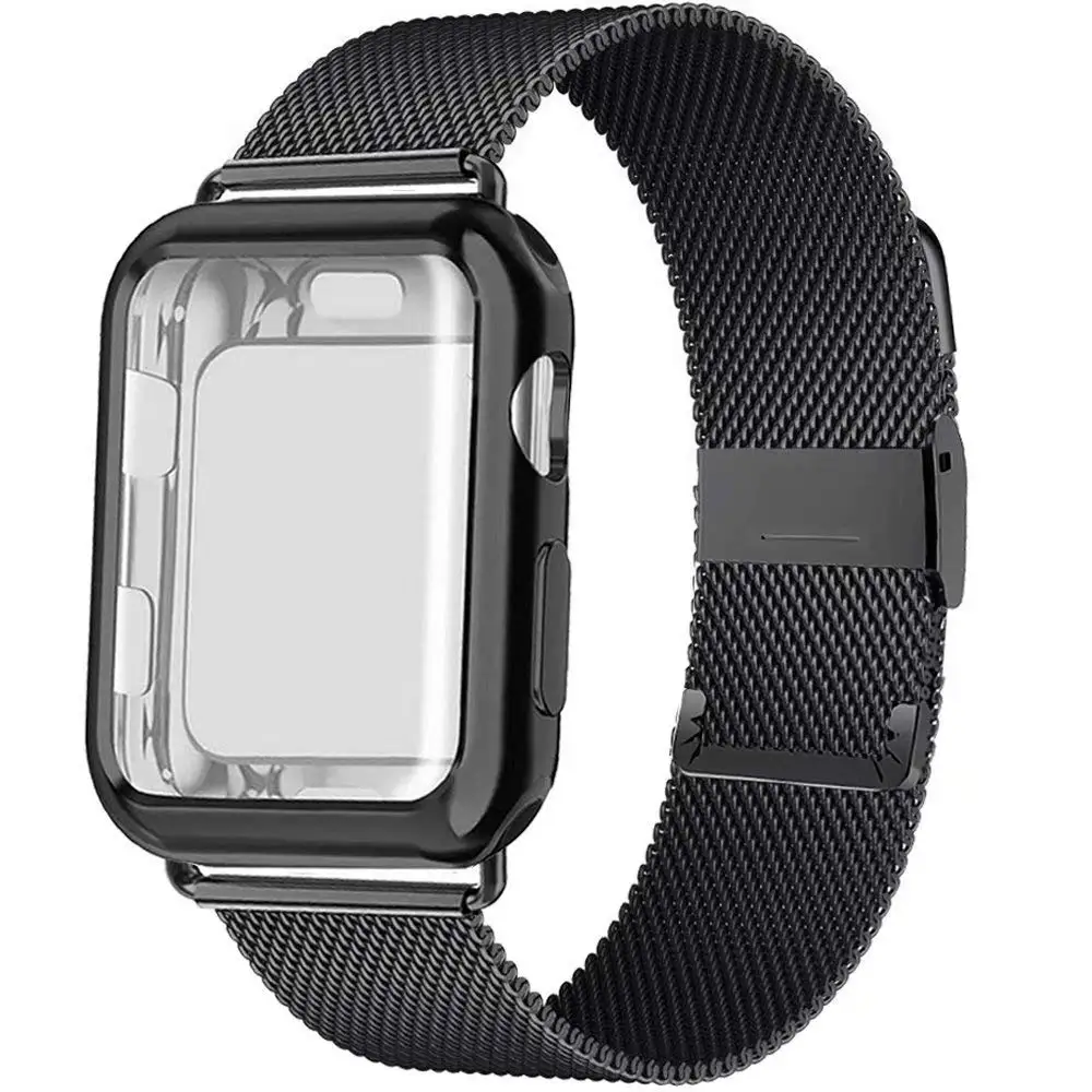 Миланская петля, ремешок с чехол для Apple Watch Series 5/4/3/2 38 мм 42 мм 40 мм 44 Нержавеющая сталь ремешок на запястье браслет для наручных часов iwatch - Цвет ремешка: black