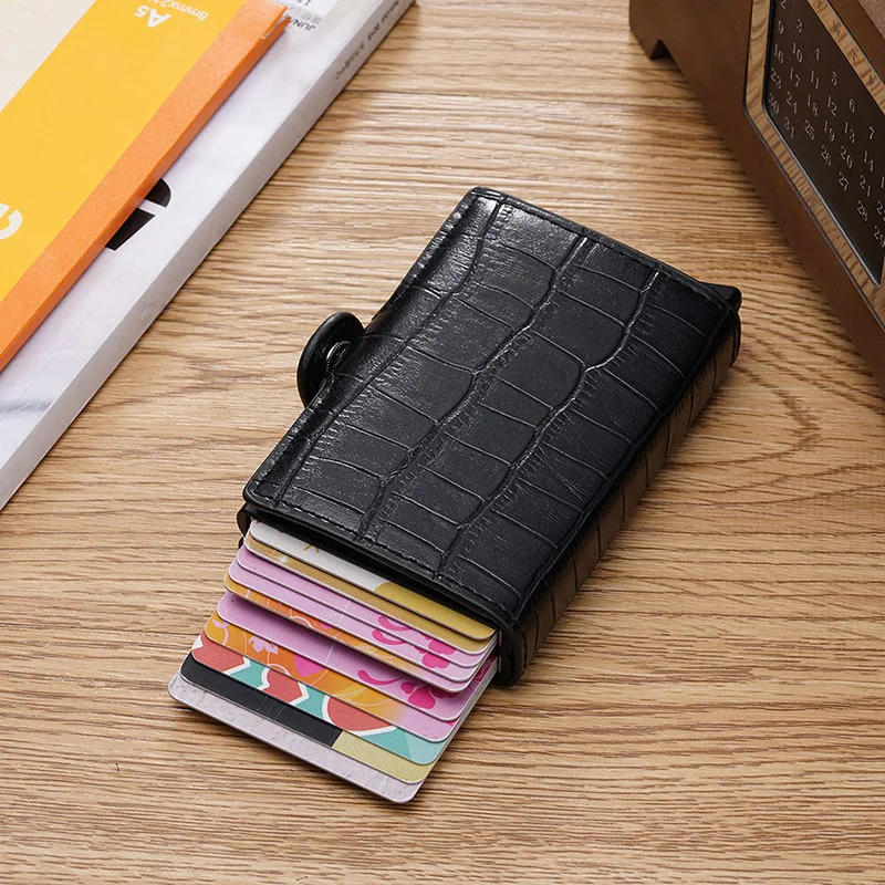 

High Quality Double Case Card Wallet Men Aluminum Metal Leather Black Wallet Male Women RFID Blocking Purse Money Bag 2020 Walet