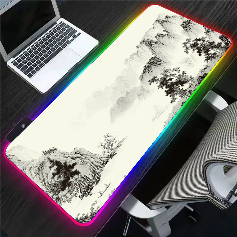

China Ink Landscape RGB Large Mouse Pad Laptop Gamer LED Backlight Muse Pad Carpet Keyboard Keyboard Pad Mousepad XXL Cs Go Desk