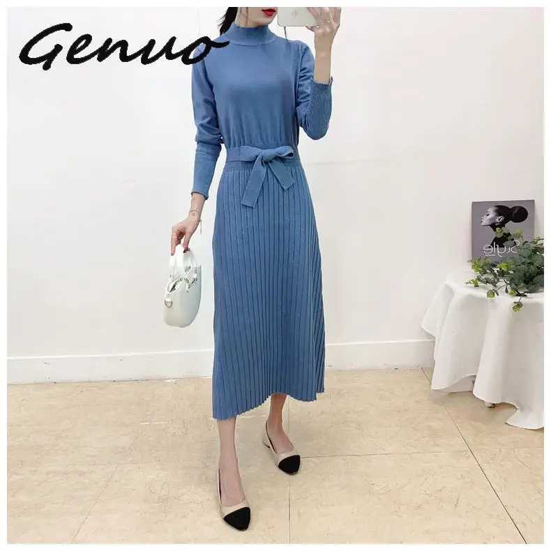 

Genuo Turtleneck Long Women Dress 2019 Autumn Winter Warm Dress With Sashes A Line Knitted Pullover Sweater Dresses Pull Femme