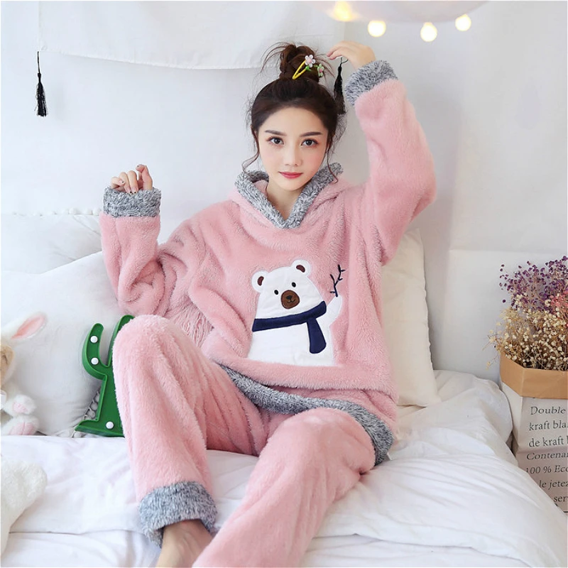Осень-зима Для женщин Фланелевые пижамы комплект с капюшоном «Медведь», детские пижамы, одежда для сна из кораллового флиса утолщенная теплая Пижама; домашняя одежда
