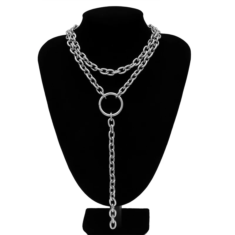 Silver Фиолетовое серебряное Золотое звено цепи ожерелье Панк Многослойная длинная цепь ожерелье круглый кулон колье ожерелье для женщин ювелирные изделия - Окраска металла: Silver