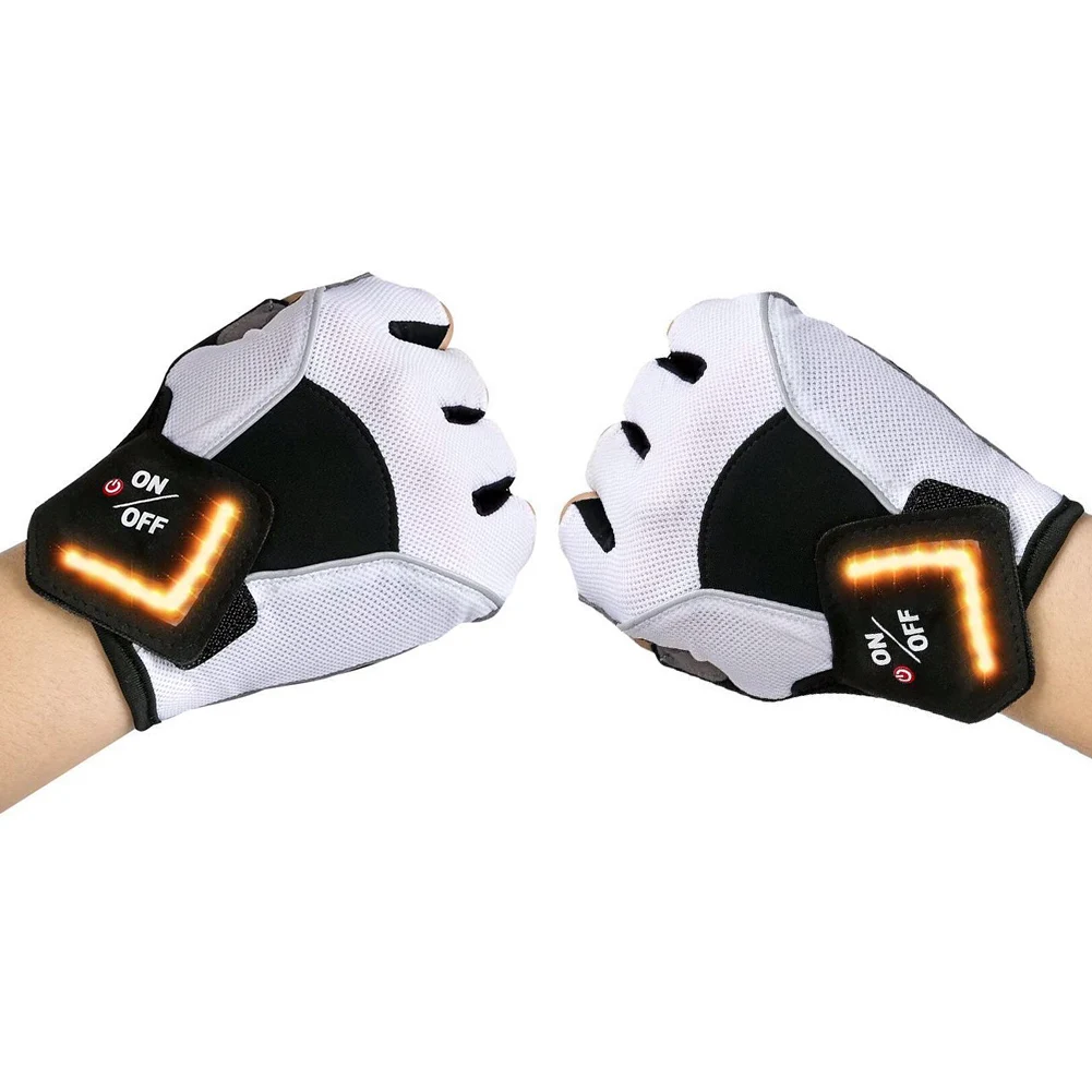 Black White 1 Pair Security Cycling Gloves Non Slip Sports Led Outdoor Portable Half Finger Turn Signal Automatic Induction Rechargeable - Цвет: Black White
