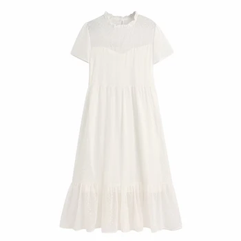 

KUMSVAG 2020 Women Summer Vintage Chiffon Dress Dot Short Sleeve O-Neck Splice Dresses Female Solid Elegant Party Dress vestidos