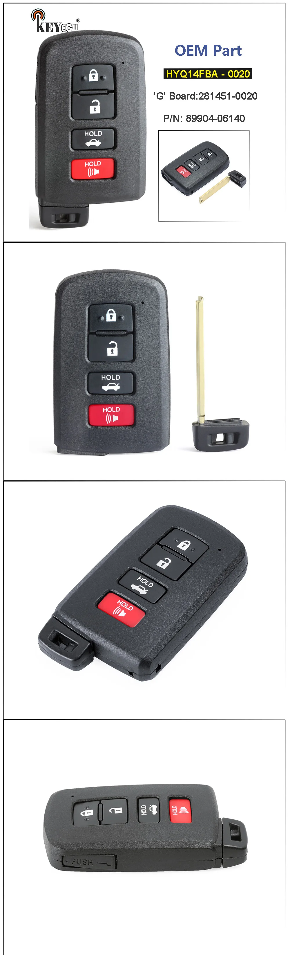 KEYECU OEM HYQ14FBA-0020 P/N: 89904-06140 4 кнопки бесключевого ввода смарт-карты дистанционного брелока для Toyota Highlander