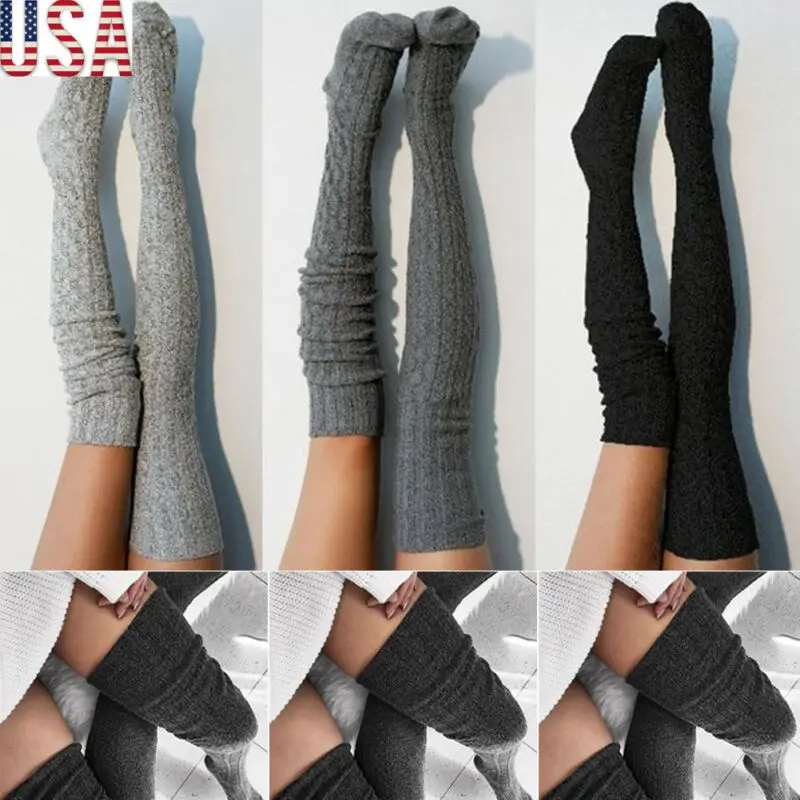 

Women Over Knee Socks Fashion Female Sexy Stockings Warm Long Boot Knit Thigh-High Gray Khaki Blue Black