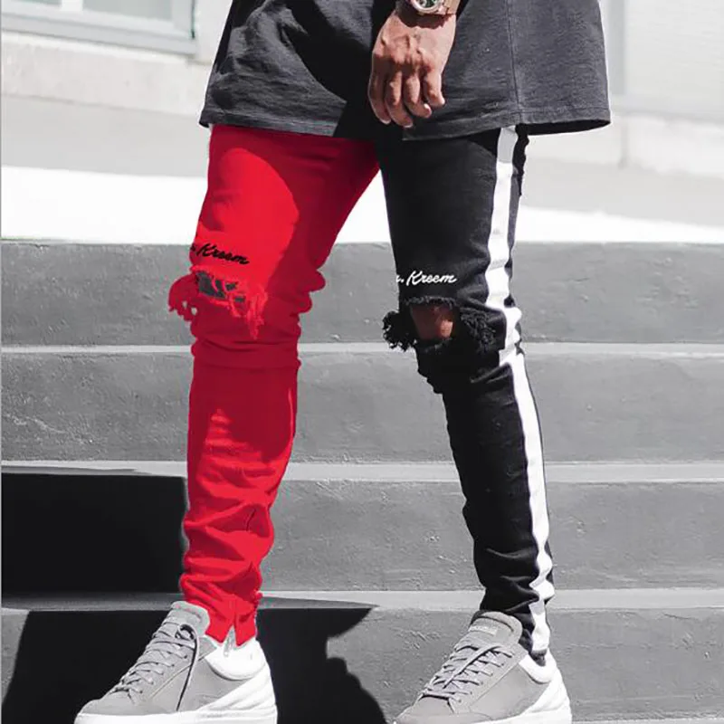 Pantalones vaqueros ajustados para hombre, ropa de calle, pitillos rasgados con cremallera, novedad de verano 2019