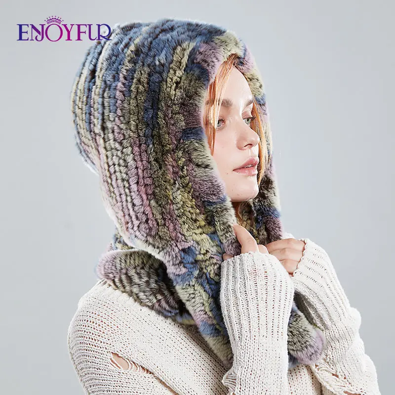 ENJOYFUR Warm rabbit fur hat scarf for women fashion female Russian style fur cap scarf knitted warm fur beanies