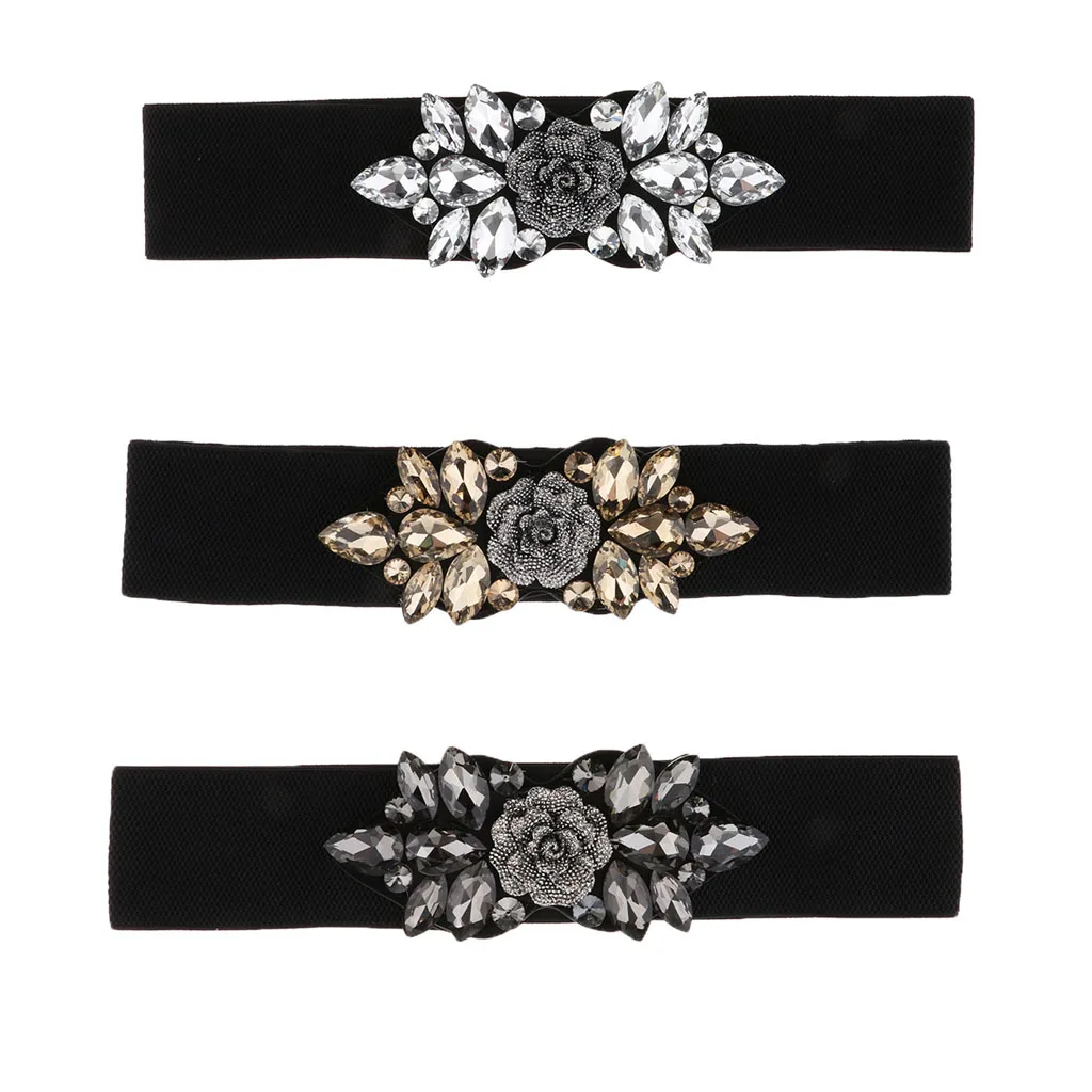 Women`s Elastic Waist  Belt Crystal Floral Waistband Dress Accrssories