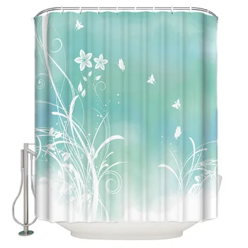 

Green Background Flower Butterfly Grass Silhouette Bathroom Curtain Polyester Fabric With 12 Hooks Waterproof Shower Curtain