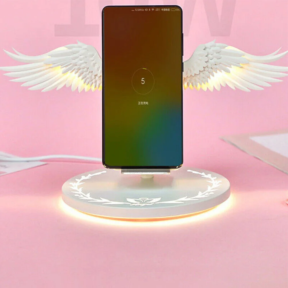 

Angel Wings Universal Protection Portable Wireless Mobile Phone Holder Fast Charging Dock Ornament White Stand Station Plastic