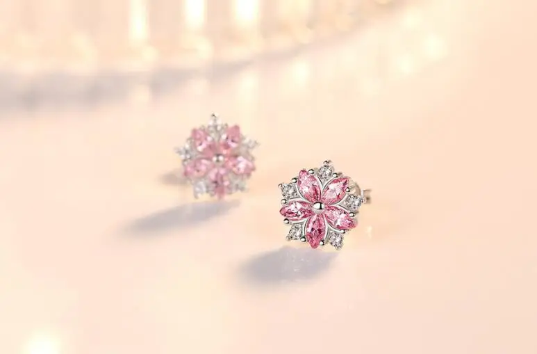 Мода 925 стерлингового серебра розовый циркон вишневые цветы ожерелье+ серьги набор украшений для женщин Девушка чокер brincos