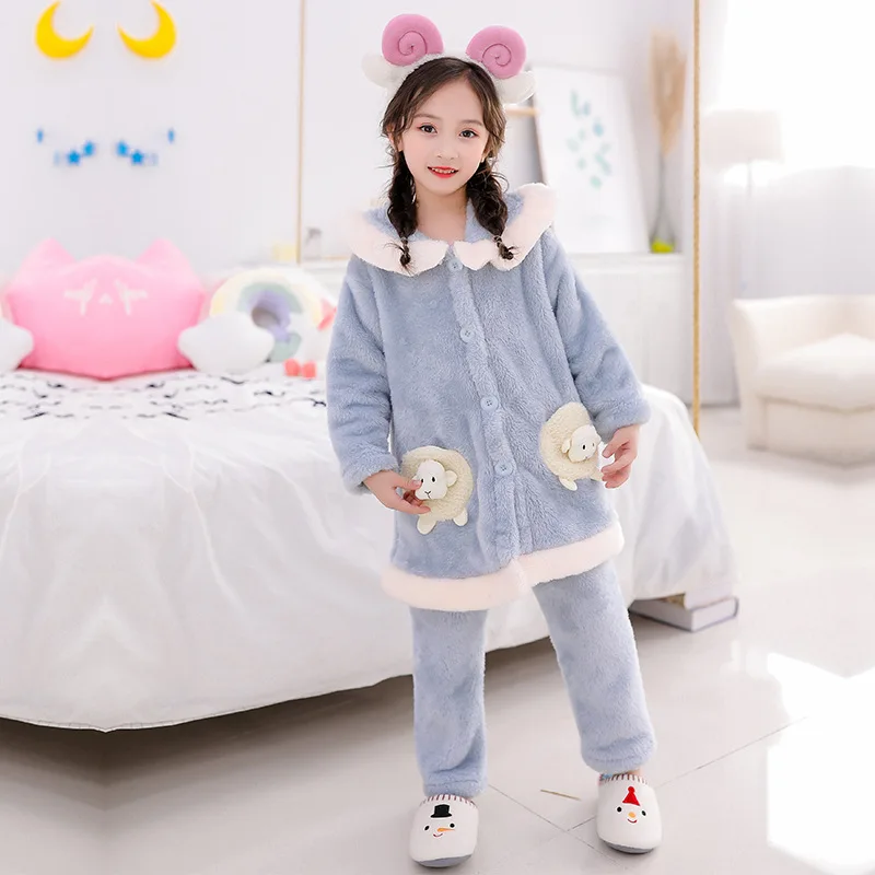 Детский пижамный комплект для девочек; пижамы; плотные двухсторонние фланелевые детские комплекты одежды для сна; сезон осень-зима; Длинная плюшевая Детская домашняя одежда - Цвет: blue