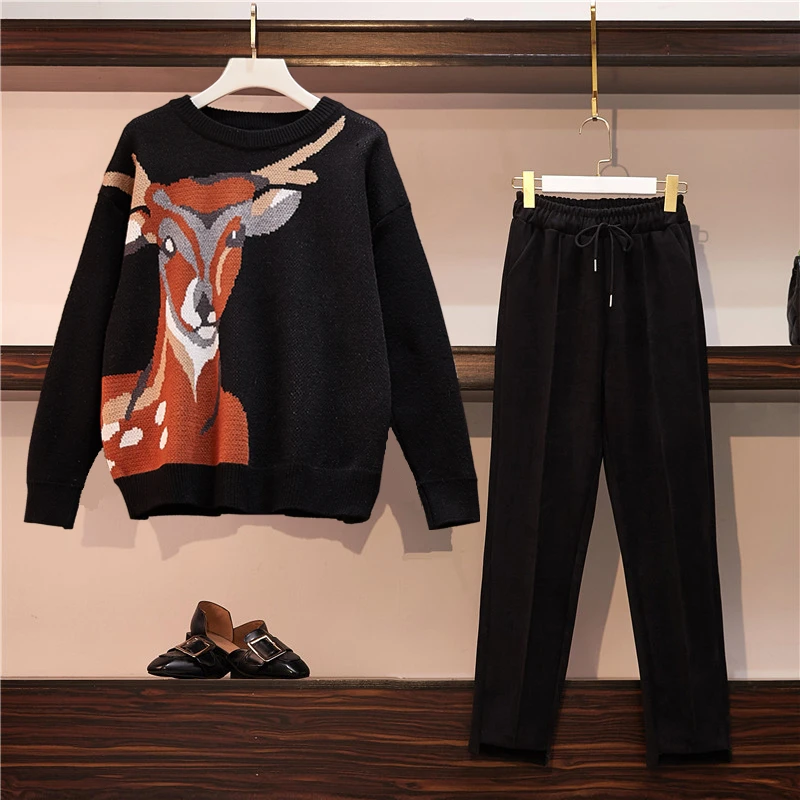 Outfit 7 Женский теплый спортивный костюм, осенний зимний костюм из двух частей, свитер, повседневный костюм с длинным рукавом, вязаные топы с оленем и тонкие шерстяные штаны, подходящие комплекты - Цвет: Outfit 7