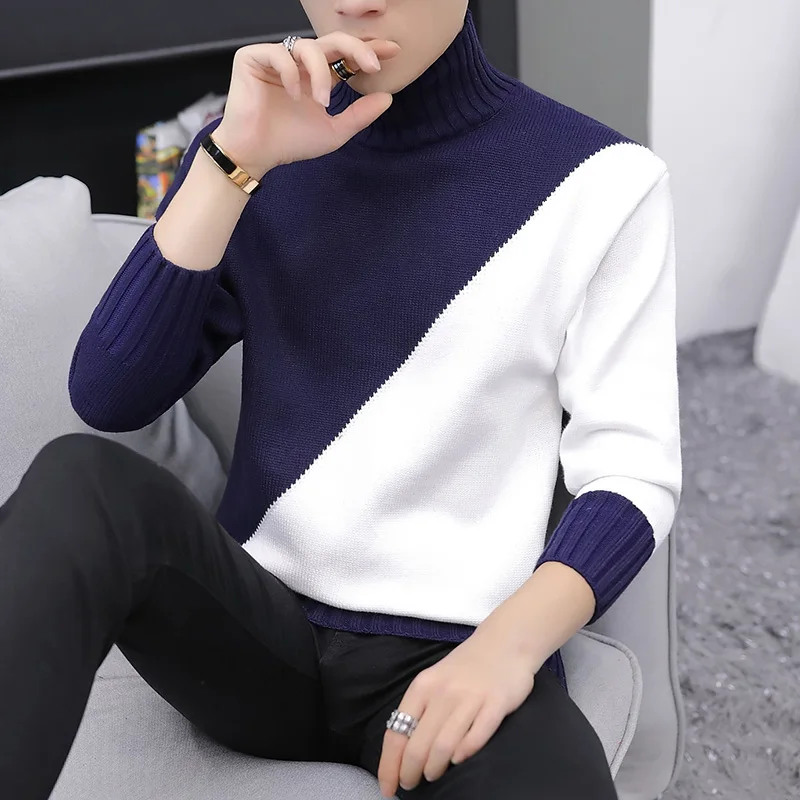 

2019 New Autumn Fashion splice Casual Sweater turtleneck Slim Fit Knitting Mens Sweaters And Pullovers Men Pullover Men