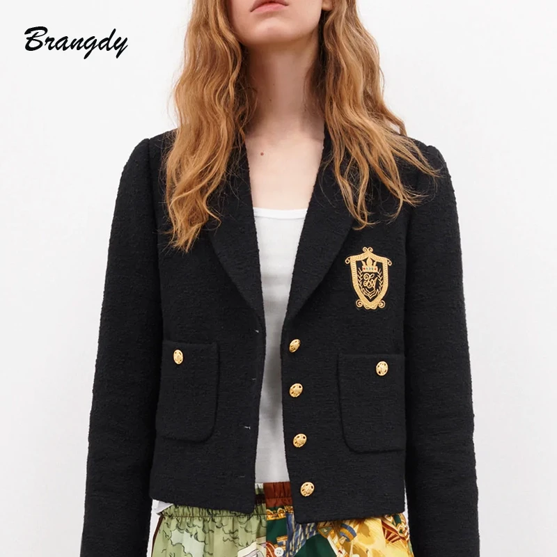 Zar Women's Blazers Black Jackets Pockets Coats Traf Cropped Long Sleeves Pocket Office Formal Ladies Outfit Embroidery Outwear 