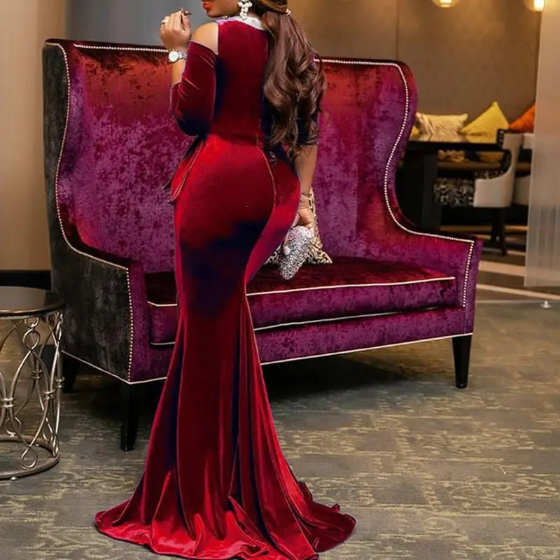 

Dinner Evening Party Women Plus Size Dresses Retro Elegant Long Dress Ruffles Off Shoulder Ruffle 3/4-Sleeve Velvet Dresses
