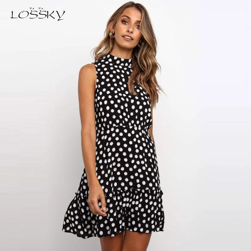 

Lossky Casual Women Summer Polka Dot Print Stand Collar Ruffle Dress Boho Short Black Sleeveless Mini Clothes Sundress Fashion