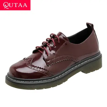 

QUTAA 2020 Sewing Square Heel Casual Women Shoes PU Patent Leather Ladies Pumps Lace Up Round Toe Single Shoes Big Size 34-43