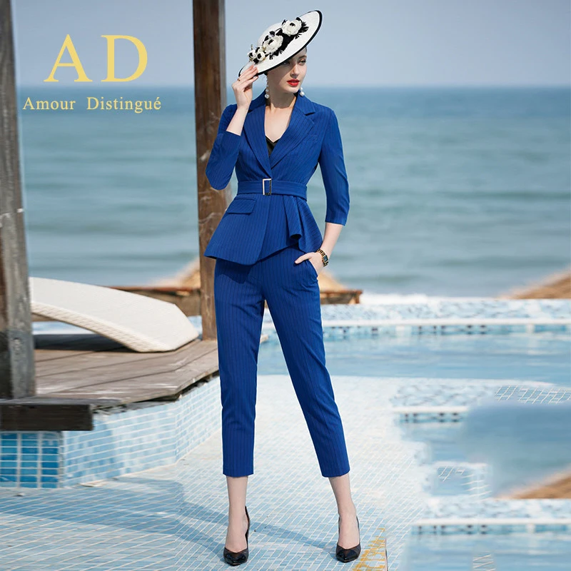 women s office suits set professional female business lady suit plus size blue stripe blazer