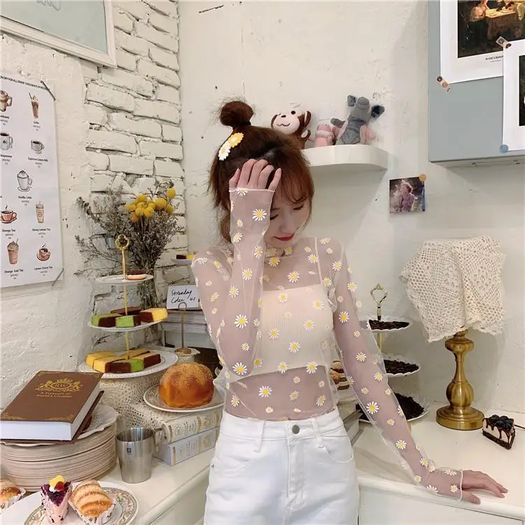 See Through Small chrysanthemum Mesh Gauze Tops Long Sleeve Transparent Sun Protection Ladies Turtleneck summer T-Shirt Top