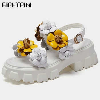 

RIBETRINI Sweet Genuine Leather Flower Shoes New Luxury Brand Flat Platform Women Sandals High Chunky Heels Sandals