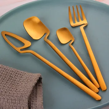 

4Pcs Creative Cutlery Matte Stainless Steel Ice Cream Dessert Fork Knife Shovel Shaped Coffee Spoon Afternoon Tea Tableware Gift