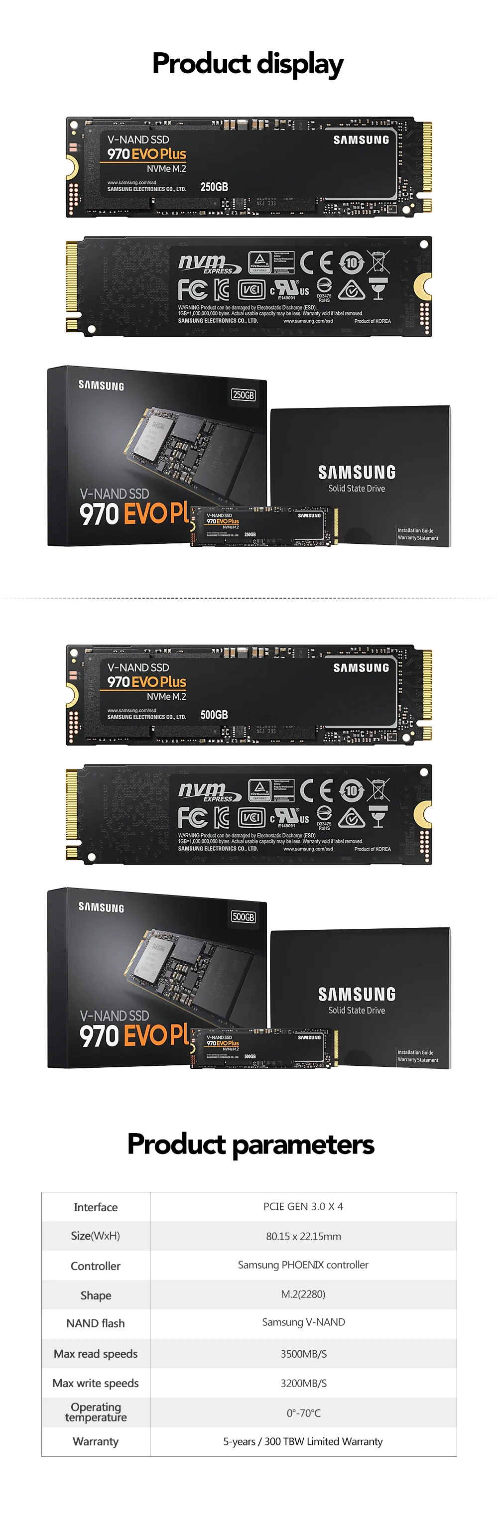 Samsung SSD 970 EVO Plus 250 ГБ NVMe M.2 2280 SSD 500 ГБ 1 ТБ M.2 Внутренний твердотельный накопитель TLC SSD PCIe 3,0x4 NVMe 1,3 ноутбук