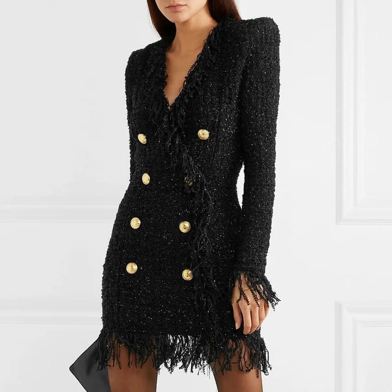 

High Quality Newest Nice Designer Runway Women's Long Sleeve Metal Lion Buttons Fringed Tweed Tassel Dress